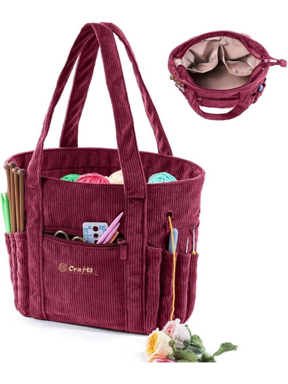 Spacious Yarn Tote Organizer – Corduroy Craft Storage for Knitting & Crocheting